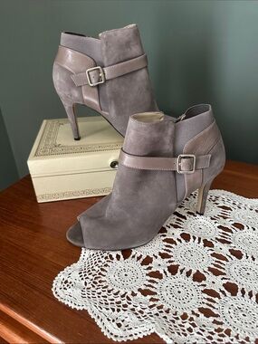 Marc Fisher Taupe Suede Peep-Toe Ankle Booties with Buckle Strap